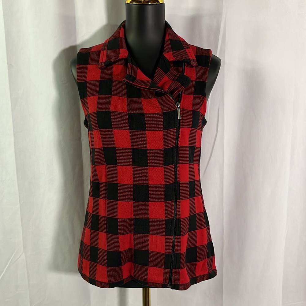 Chaps Red & Black Buffalo Check Plaid Asymmetrical Zip Front Knit Cotton Vest